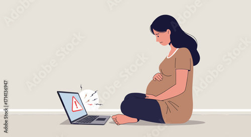 A pregnant woman sits next to a laptop with a warning sign about the harmful waves emitted by it, which could harm the unborn child.