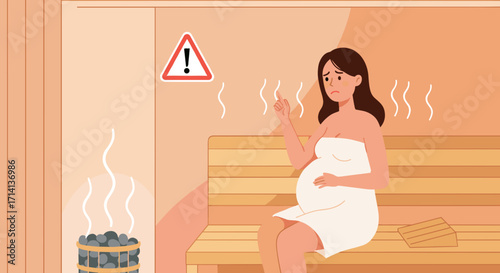 Pregnant woman sitting in sauna with warning sign about harm during pregnancy for the unborn child  