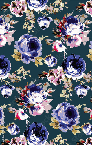Abstract solid vector textile design, arrangement with dual-tone medium rose flowers, all-over seamless pattern with blue and pink tone color illustration, digital image printing factory