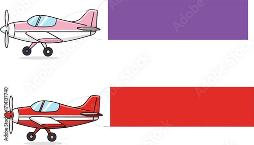 Colorful airplane illustration with blank advertising banner, flying small planes with message space, vector cartoon aircraft for marketing, travel, promotion design