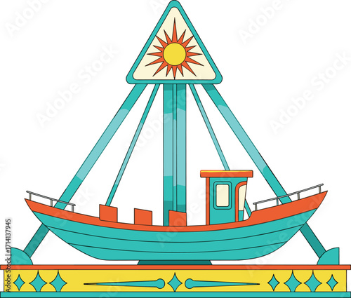 Colorful amusement park pirate ship ride illustration, carnival attraction boat swing, fairground entertainment vector, funfair graphic design artwork