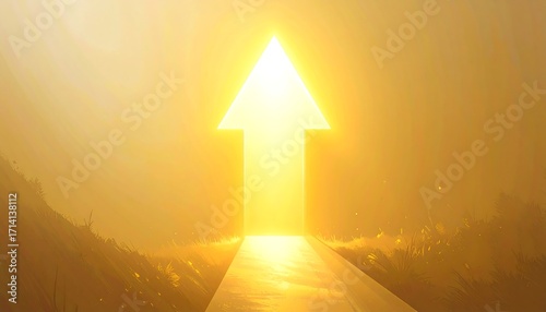 An illuminated upward-pointing arrow symbolizes a path forward. A road winds toward the light, conveying purpose and opportunity, bathed in warm tones