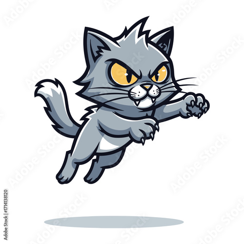 Animated Aggression: A fierce cartoon cat springs into action, its eyes blazing with determination. Its claws extended, and a focused expression portrays a sense of energy, readiness, and resolve.