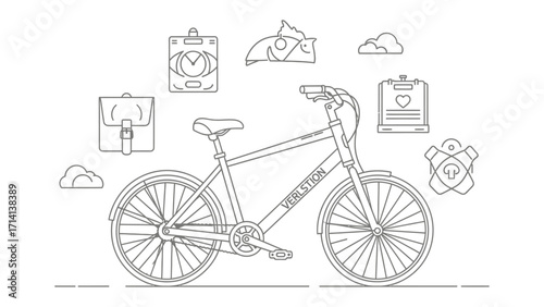 Cycling Essentials: An illustration of a bicycle, complete with a helmet, lock, and other cycling-related icons