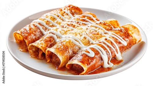 Wallpaper Mural Four enchiladas topped with cheese, red sauce, and sour cream on a white plate Torontodigital.ca