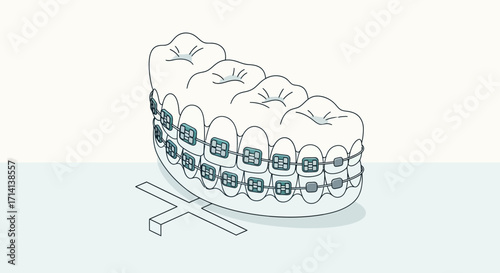 Dental Orthodontics: A precisely illustrated, close-up perspective highlights a set of teeth adorned with braces, conveying the intricate nature of dental orthodontics.