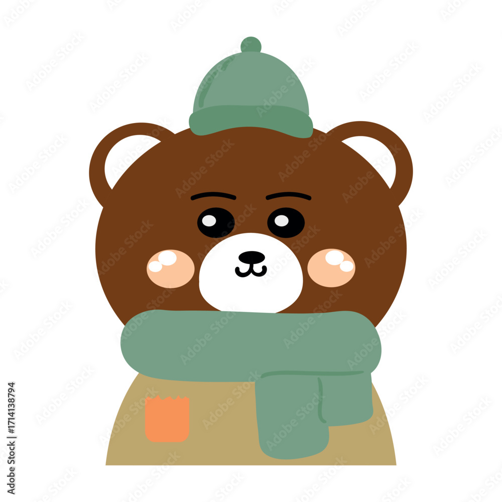 Obraz premium Cute drawing cartoon cute bear wearing a scarf. cute, animal, drawing,doodle, sticker for autumn vibes