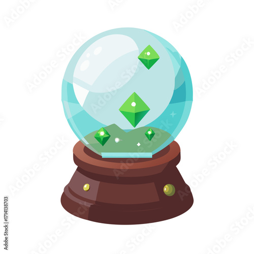 Cartoon Crystal Ball with Floating Green Gemstones - Fortune Telling and Magic Concept Vector