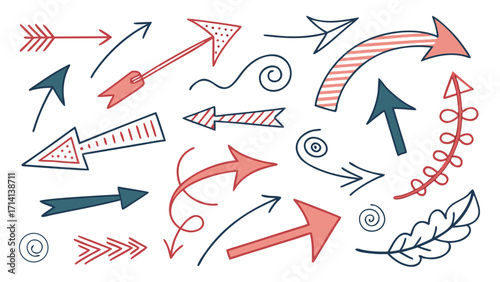Hand-drawn arrow collection featuring various styles and colors perfect for design projects needing 