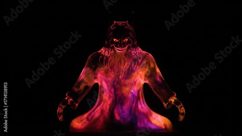 Dark demonic sculpture made of glowing red ink clouds in glass