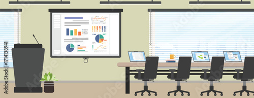 Modern conference room with empty working desk and podium for speaker.
