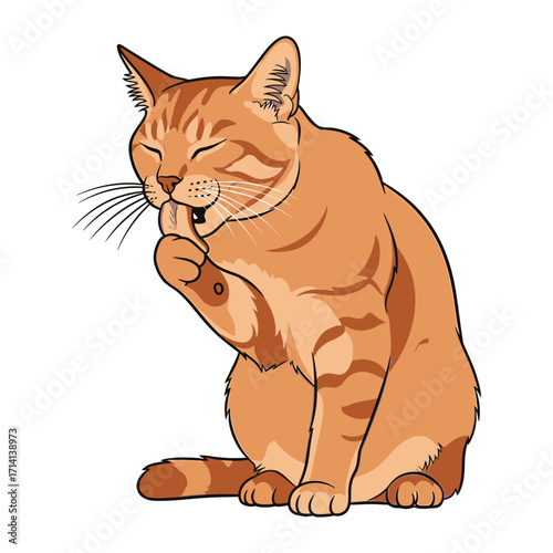Ginger Cat Grooming: A charming ginger cat indulges in a grooming ritual, carefully licking its paw with closed eyes, captured in a vibrant cartoon illustration, showcasing domestic pet behavior.