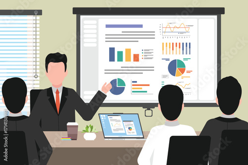 Businessman presentation on a meeting room with the data showing on screen.