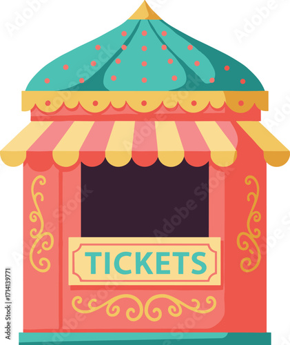 Colorful carnival ticket booth illustration, circus fair kiosk design, amusement park ticket stand, vintage ticket counter, funfair cartoon vector artwork