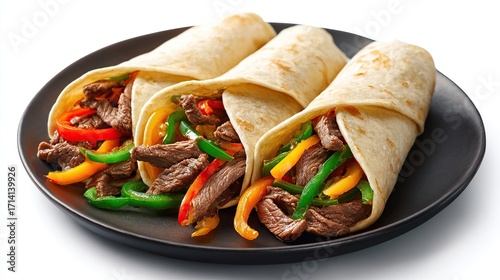 Three fajitas on dark plate filled with meat, peppers, and flour tortillas