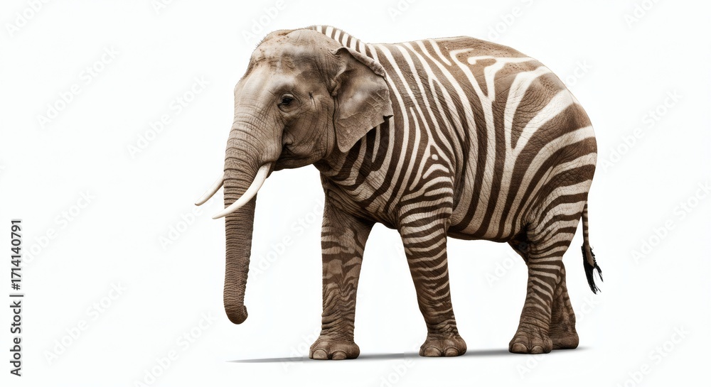 Obraz premium ZebraStriped Elephant A Quirky Safari Dream on White Background.