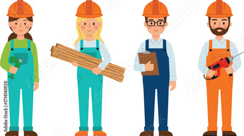 Construction workers illustration, builder team, engineer characters, people with tools, carpenter design, industrial job, teamwork concept, safety helmet, vector art, profession
