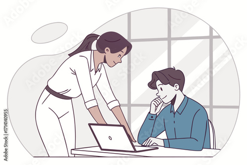 Female mentor guiding young male colleague on laptop teamwork collaboration modern office supportive