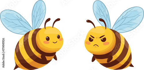 Cute cartoon bees illustration, happy bee and angry bee character, flying insects with wings, adorable vector design for kids, funny clipart artwork
