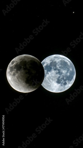Two full moons, one eclipsed, in dark space