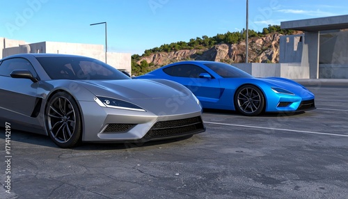 Two futuristic sports cars parked in urban setting