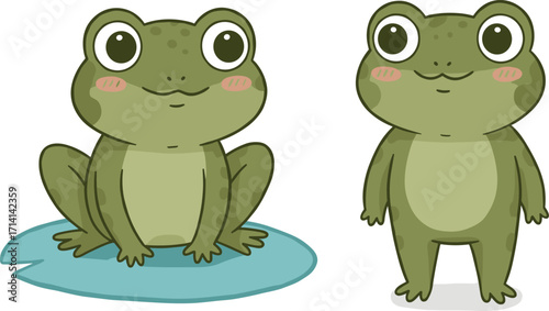 Cute cartoon frog illustration, green amphibian character, sitting frog, standing frog, kids drawing, adorable animal design, pond wildlife art