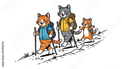 Adventure Cats Hike Together: A delightful illustration of a family of adventure-loving cats embarking on a scenic hike, embracing the joys of exploration, with a heartwarming showcase of unity.