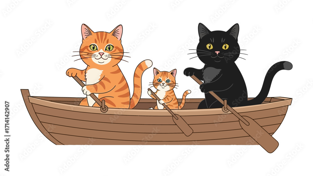 Αυτοκόλλητο Cats Rowing in a Boat: A charming cartoon scene of a cat family embarking on a river adventure, each member skillfully rowing their boat with joy