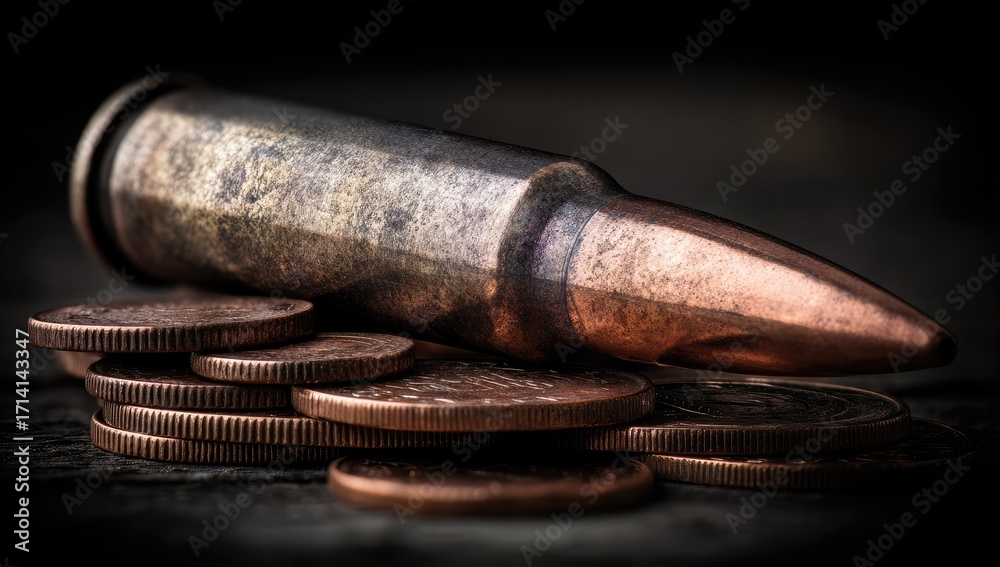 Obraz premium A bullet rests atop a pile of coins