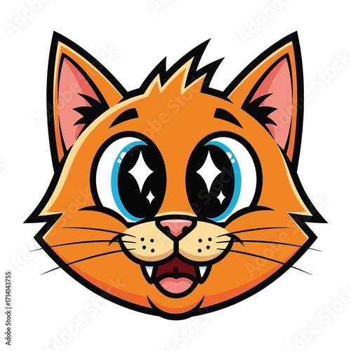 Orange Cartoon Cat Face: A cute cartoon cat face featuring vibrant orange fur, sparkling blue eyes, and an open smile, perfect for playful designs and animations.
