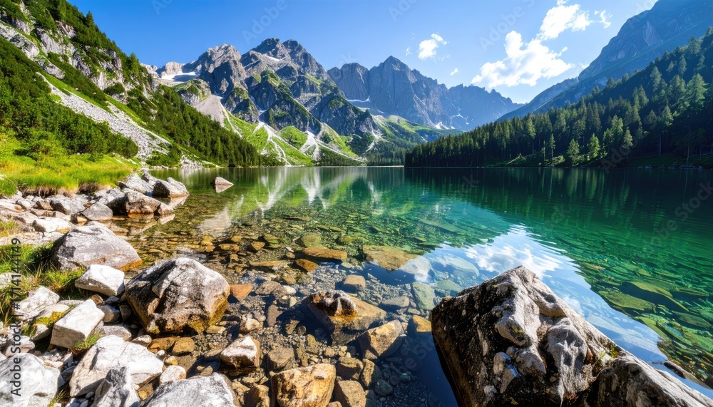 Naklejka premium Serene Mountain Lake Landscape with Clear Water and Rocky Shore