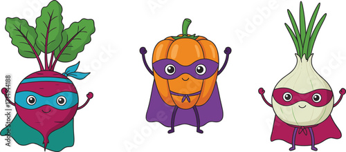 Cute superhero beet, onion, and bell pepper characters, cartoon vegetables with masks and capes, fun kids healthy food illustration design