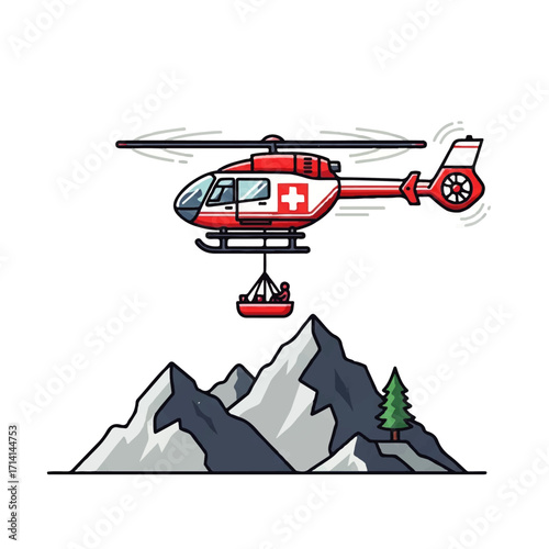 Helicopter rescue operation in a mountainous region, saving people from danger