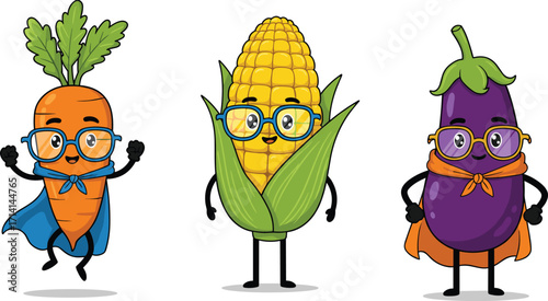 Cute superhero carrot, corn, and eggplant characters, cartoon vegetables with capes and glasses, fun healthy food heroes kids illustration design