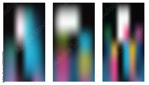 Abstract blurred background, vibrant color gradients, smooth noise texture, modern design, three vertical panels, ideal for website banners, app interfaces, and digital presentations.