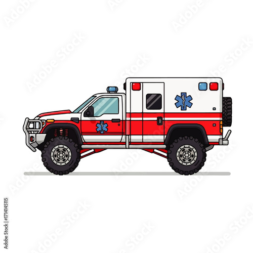 Illustration of a rugged, off-road ambulance vehicle, adapted for remote and challenging terrain, with a red and white exterior and a blue star of life symbol