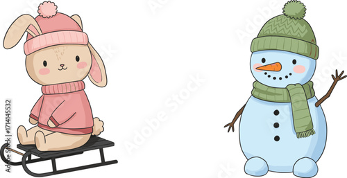 Cute winter bunny on sled wearing pink sweater, happy snowman with carrot nose, green hat, scarf, Christmas holiday illustration