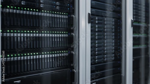 Close-up of Server Rack with SSD with Blinking Lights in Modern Data Center. Vast Amount of Data Being Processed for LLM Training. AI, Data Center, Supercomputer and Advanced Cloud Computing Concept