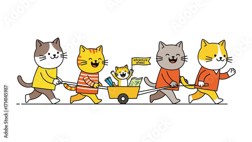 Playful Cat Procession: An adorable illustration showcases a group of lively cartoon cats pulling a cart. It exudes a charming atmosphere. 