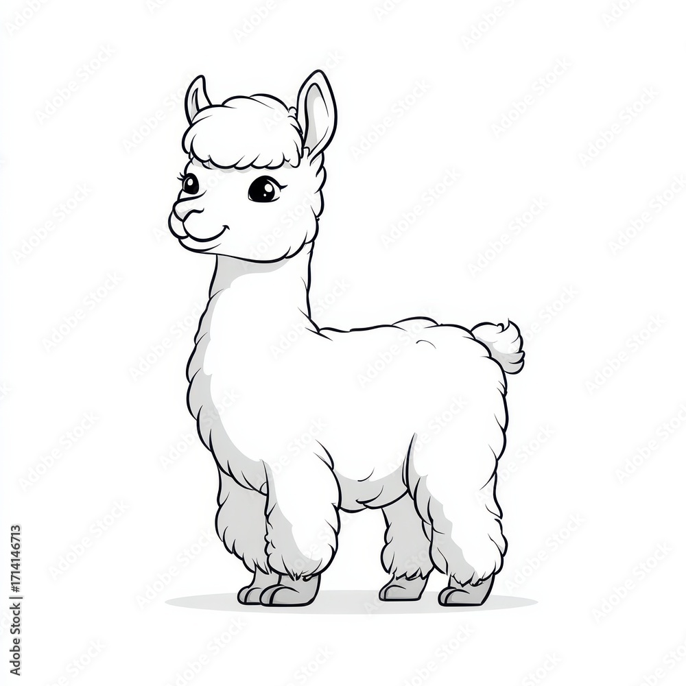 Naklejka premium Cheerful Llama Illustration: A charming llama, depicted in a playful illustration, stands in a pose, ready to capture hearts with its gentle gaze and fluffy fleece. 