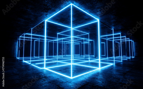 Blue Neon Light Cubes Creating a Futuristic and Abstract Scene
