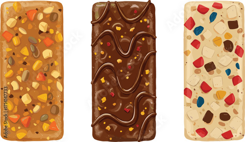 Delicious energy bars, chocolate snack bars, healthy granola bars, protein food illustration, sweet dessert bars, nutritious snack food design