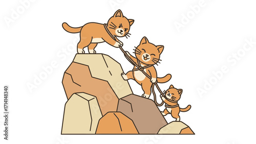 Cats Climbing Together: In a heartwarming cartoon, three playful cats work as a team, demonstrating strength and cooperation as they climb the mountain together.