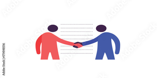 Print  Flat colorful vector of business negotiation – two abstract figures shaking hands across a dotted document, scalable clean paths