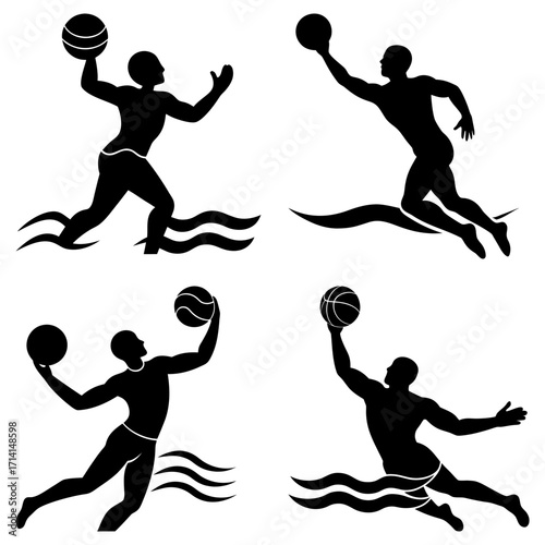 Four silhouettes of water polo players in action with water waves and a ball on a white background
