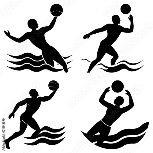 Black silhouettes of water polo players in action with a ball on water waves in various positions