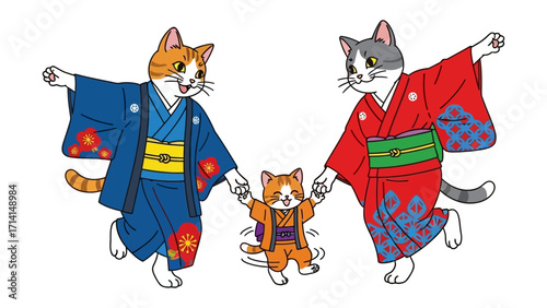 Cats in Kimono: Three animated cats joyfully hold hands, garbed in vibrant kimono, embodying the essence of traditional Japanese culture with smiles that bring warmth to the heart.