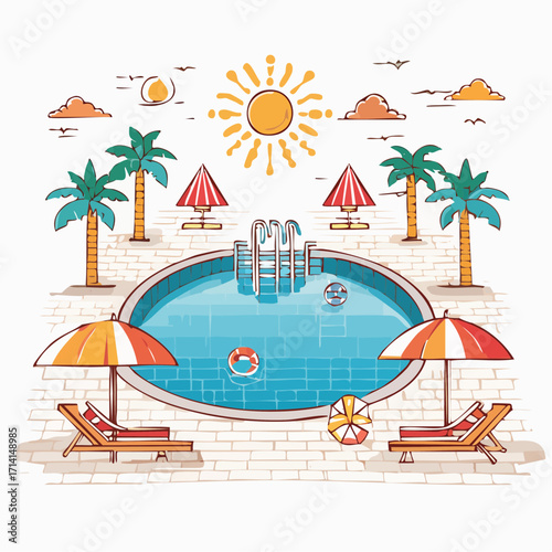 Summer Poolside Relaxation: Tropical Getaway Illustration