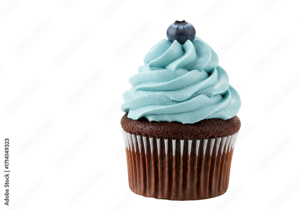 Εκτύπωση καμβά Isolated cupcake dessert with light blue icing swirl, blueberry garnish, for sal