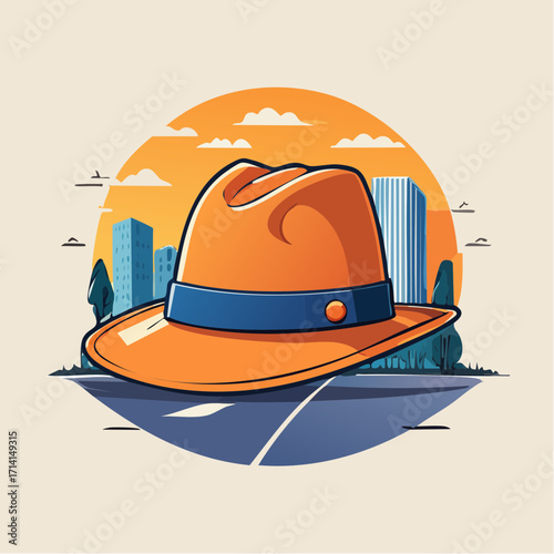 Orange Fedora Hat Cityscape Sunset Illustration